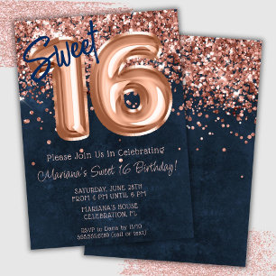 Invitation Fête d'anniversaire Sweet 16 Bleu Nuit Or Rose
