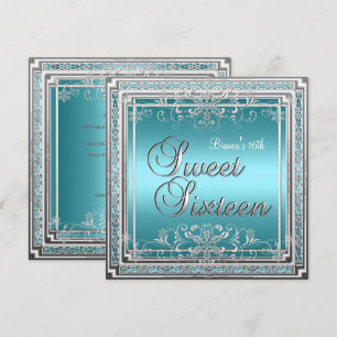 Invitation Fête d'anniversaire Sweet 16 Bleu sarcelle Argent