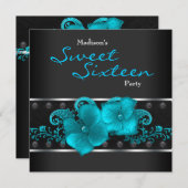 Invitation Fête d'anniversaire Sweet 16 Bleu sarcelle Noir (Devant / Derrière)