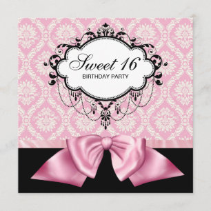 Invitation Fête d'anniversaire Sweet 16 Damassé Noir Rose