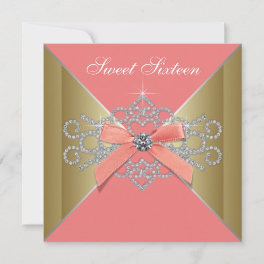 Invitation Fête d'anniversaire Sweet 16 Diamants de Corail Or (Devant)