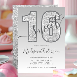 Invitation Fête d'anniversaire Sweet 16 écriture pailletée ar