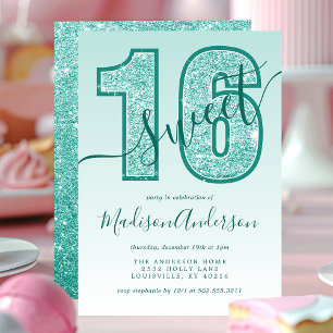 Invitation Fête d'anniversaire Sweet 16 écriture pailletée sa