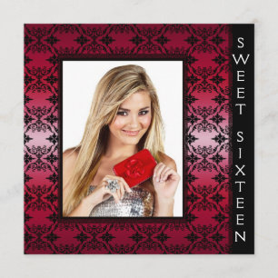 Invitation Fête d'anniversaire Sweet 16 en damas noir rouge p