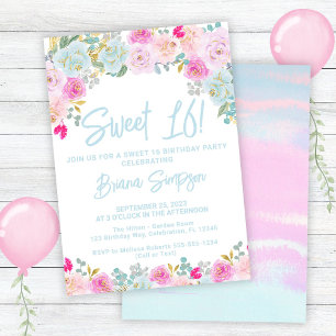 Invitation Fête d'anniversaire Sweet 16 Floral Bleu Rose Pêch