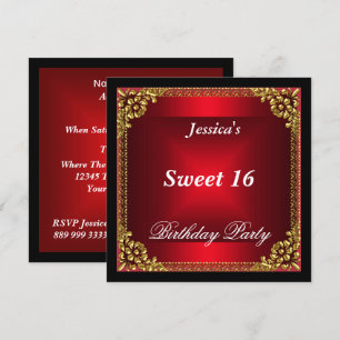 Invitation Fête d'anniversaire Sweet 16 Or Rouge et Noir