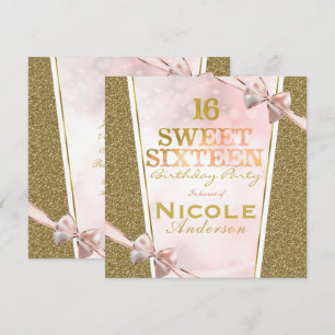 Invitation Fête d'anniversaire Sweet 16 pailletée de rose et