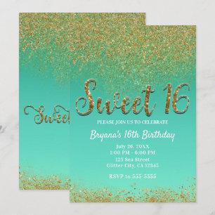Invitation Fête d'anniversaire Sweet 16 paillettes dorées et 