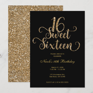 Invitation Fête d'anniversaire Sweet 16 paillettes noir et or