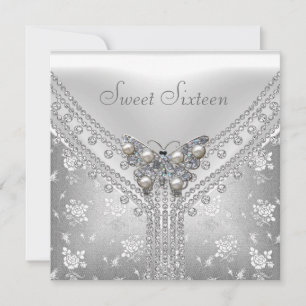Invitation Fête d'anniversaire Sweet 16 Papillon Blanc Argent