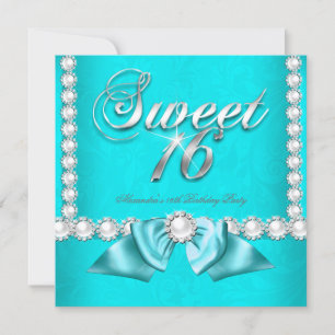 Invitation Fête d'anniversaire Sweet 16 perles bleu sarcelle