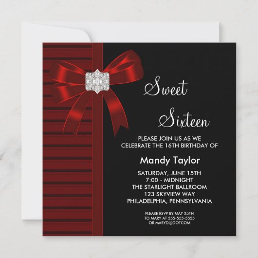 Invitation Fête d'anniversaire Sweet 16 Red Bow (Devant)
