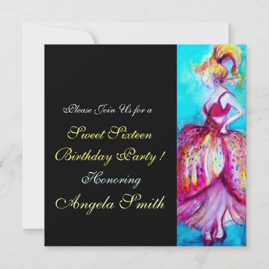 Invitation FÊTE D'ANNIVERSAIRE SWEET 16 Rose Bleu Turquoise N (Devant)