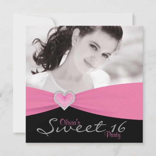 Invitation Fête d'anniversaire Sweet 16 rose noir (Devant)