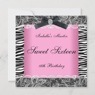 Invitation Fête d'anniversaire Sweet 16 Rose Noir Blanc Zèbre