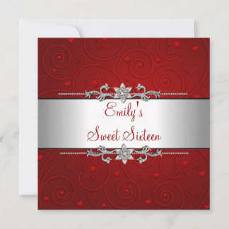 Invitation Fête d'anniversaire Sweet 16 Rouge Argent Floral A