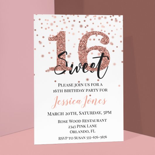 Invitation Fête d'anniversaire Sweet 16 Seize ans Paillettes