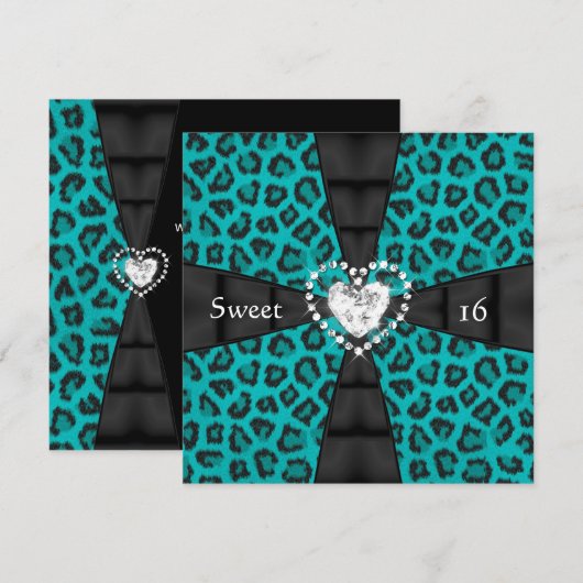 Invitation Fête d'anniversaire Sweet 16 Seize Leopard Teal (Devant / Derrière)