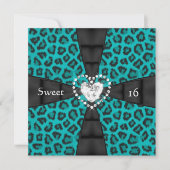 Invitation Fête d'anniversaire Sweet 16 Seize Leopard Teal (Devant)