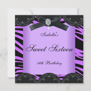 Invitation Fête d'anniversaire Sweet 16 Violet Noir Zèbre