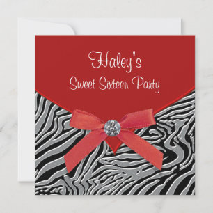 Invitation Fête d'anniversaire Sweet 16 Zèbre Rouge