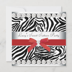 Invitation Fête d'anniversaire Sweet 16 Zèbre Rouge