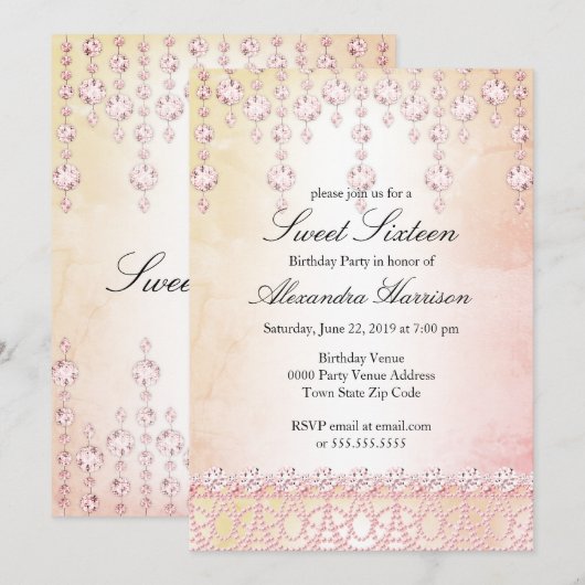 Invitation Fête d'anniversaire Sweet Sixteen Cristal Rose Arg (Devant / Derrière)