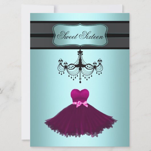 Invitation Fête d'anniversaire Sweet Sixteen lustre bleu sarc (Devant)