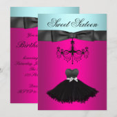 Invitation Fête d'anniversaire Sweet Sixteen lustre bleu sarc (Devant / Derrière)