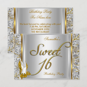 Invitation Fête d'anniversaire Sweet Sixteen Or Argent Blanc