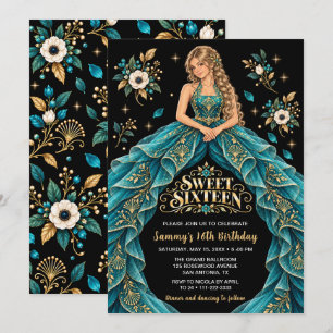 Invitation Fête d'anniversaire Sweet Sixteen Or Floral Doré S