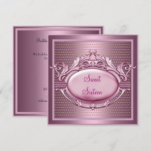 Invitation Fête d'anniversaire Sweet Sixteen Satin rose point (Devant / Derrière)