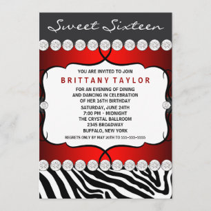 Invitation Fête d'anniversaire Sweet Sixteen Zèbre Rouge