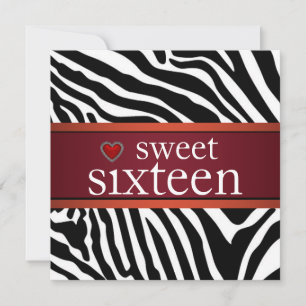 Invitation Fête d'anniversaire Sweet Sixteen Zèbre Rouge