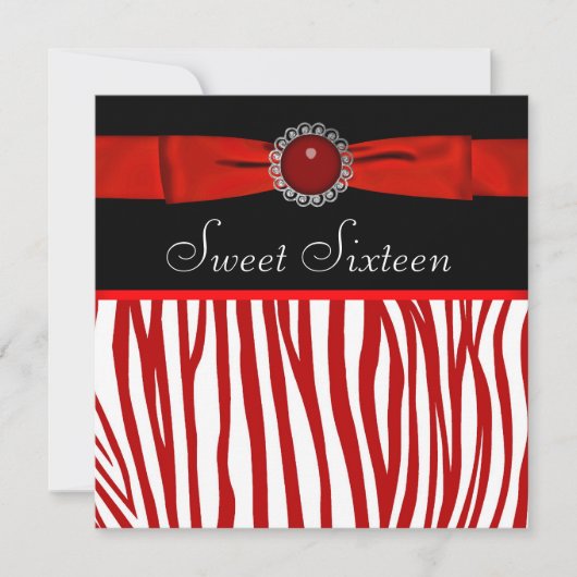 Invitation Fête d'anniversaire Sweet Sixteen Zèbre Rouge (Devant)