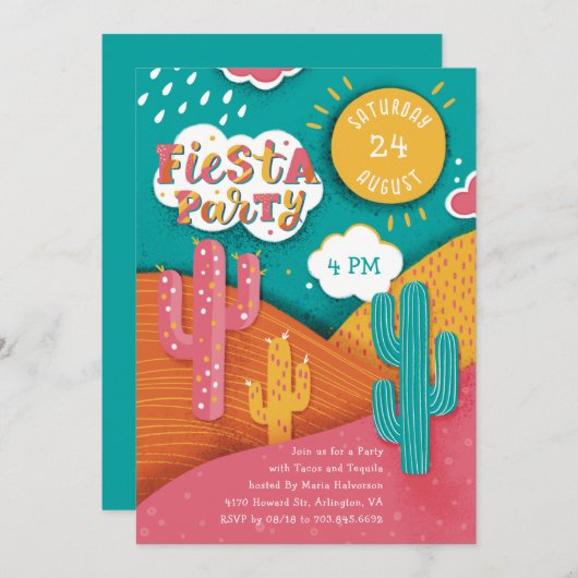 Invitation Fête d'anniversaire. Tacos de cactus et tequila (Devant / Derrière)