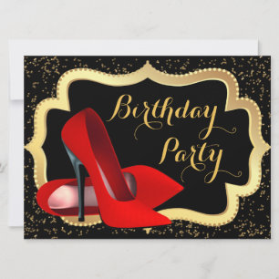 Invitation Fête d'anniversaire Talon haut rouge Noir et Or