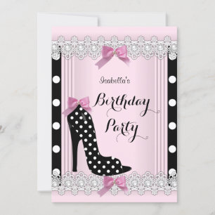 Invitation Fête d'anniversaire Talons Hauts à pois noirs rose