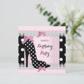 Invitation Fête d'anniversaire Talons Hauts Points noirs Rose (Debout devant)
