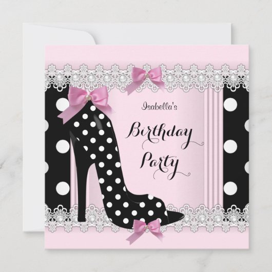 Invitation Fête d'anniversaire Talons Hauts Points noirs Rose (Devant)