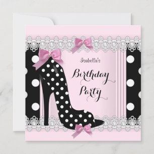 Invitation Fête d'anniversaire Talons Hauts Points noirs Rose