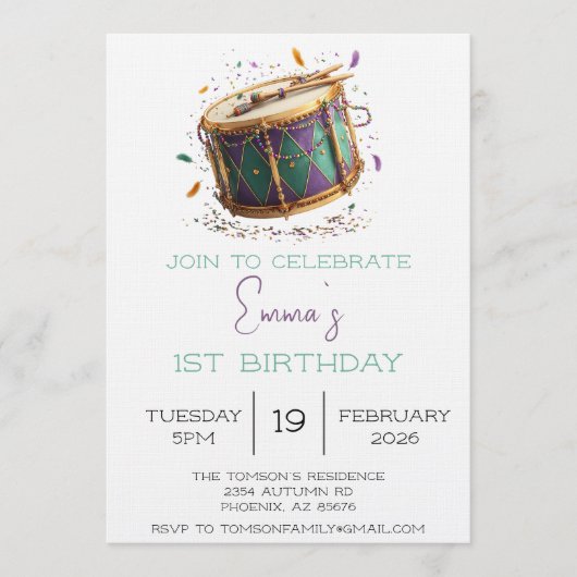 Invitation Fête d'anniversaire tambour de Mardi Gras (Devant)