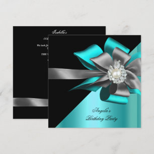 Invitation Fête d'anniversaire Teal Noir Gris Argent Bow Perl