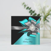 Invitation Fête d'anniversaire Teal Noir Gris Argent Bow Perl (Debout devant)