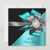Invitation Fête d'anniversaire Teal Noir Gris Argent Bow Perl (Devant)