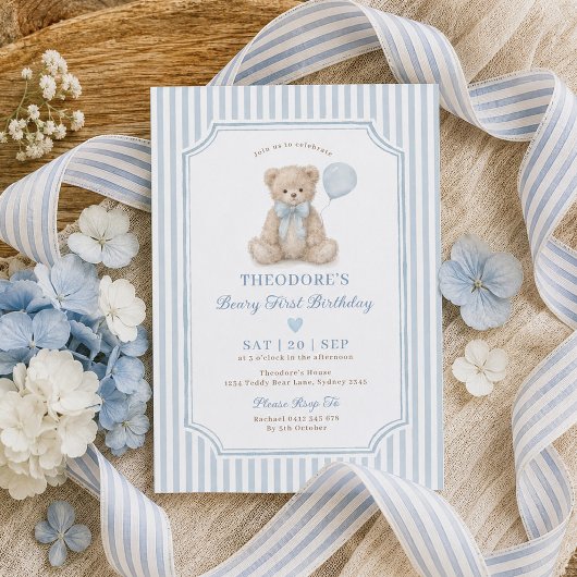 Invitation Fête d'anniversaire Teddy Bear avec une rayure ble