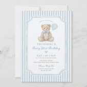 Invitation Fête d'anniversaire Teddy Bear avec une rayure ble (Devant)