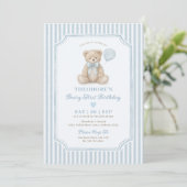 Invitation Fête d'anniversaire Teddy Bear avec une rayure ble (Debout devant)