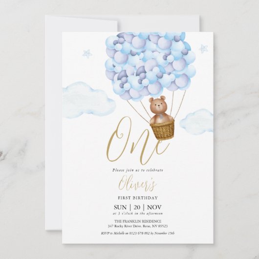 Invitation Fête d'anniversaire Teddy Bear Ballons Bleus (Devant)
