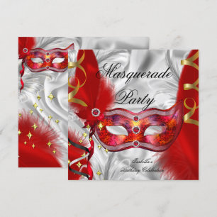 Invitation Fête d'anniversaire Thème Bal Masqué Rouge Argent